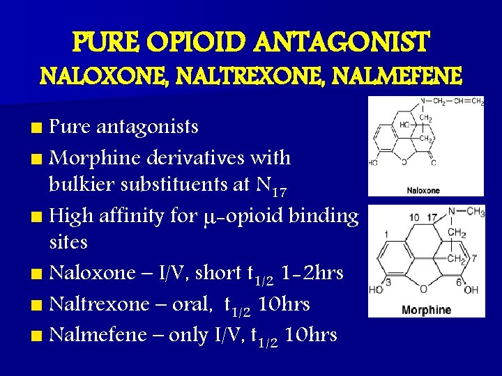 PURE OPIOID ANTAGONIST NALOXONE, NALTREXONE, NALMEFENE n Pure antagonists n Morphine derivatives with bulkier