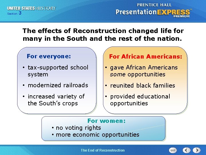 Chapter Section 3 25 Section 1 The effects of Reconstruction changed life for many