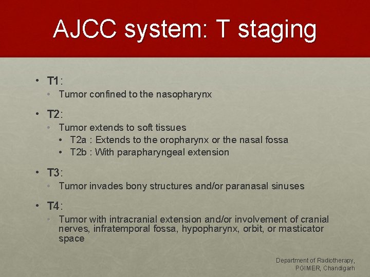 AJCC system: T staging • T 1: • Tumor confined to the nasopharynx •
