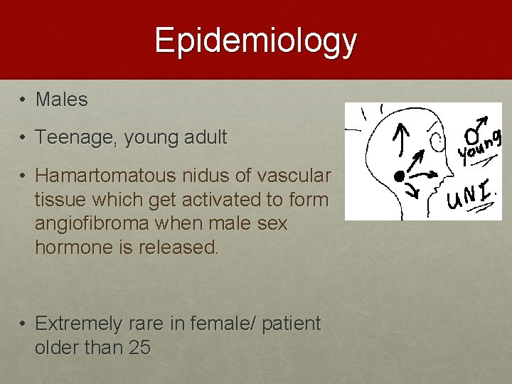 Epidemiology • Males • Teenage, young adult • Hamartomatous nidus of vascular tissue which