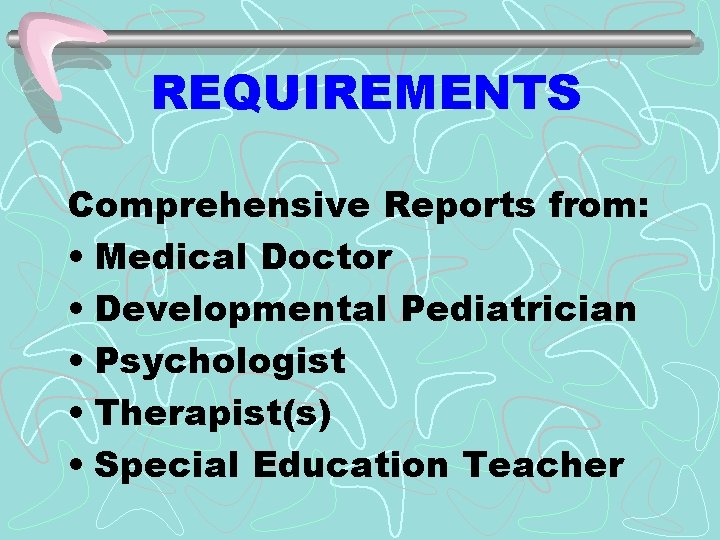 REQUIREMENTS Comprehensive Reports from: • Medical Doctor • Developmental Pediatrician • Psychologist • Therapist(s)