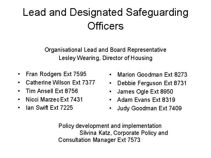 Lead and Designated Safeguarding Officers Organisational Lead and Board Representative Lesley Wearing, Director of