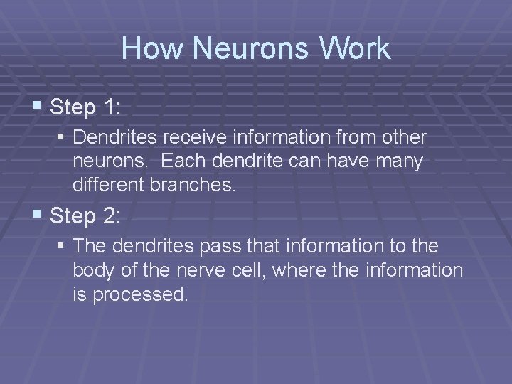 How Neurons Work § Step 1: § Dendrites receive information from other neurons. Each