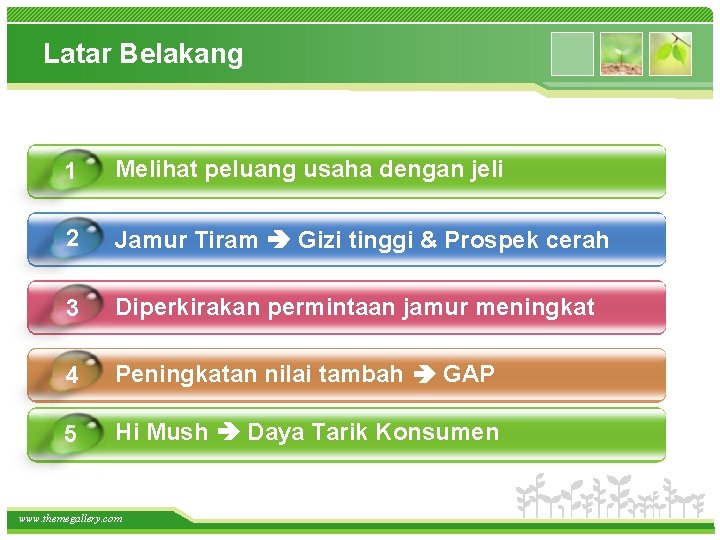 Latar Belakang 1 Melihat peluang usaha dengan jeli 2 Jamur Tiram Gizi tinggi &