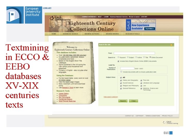 Textmining in ECCO & EEBO databases XV-XIX centuries texts 