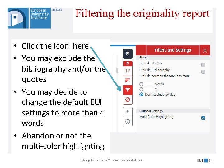 Filtering the originality report • Click the Icon here • You may exclude the