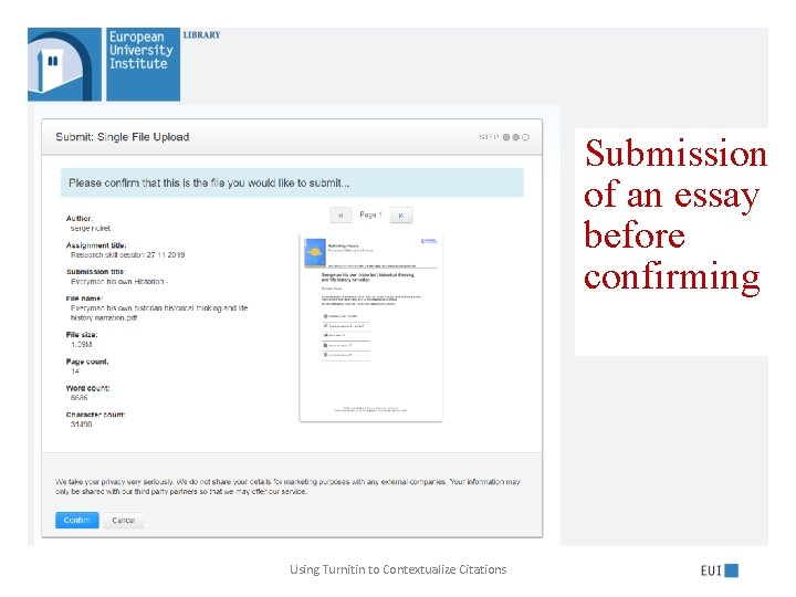Submission of an essay before confirming Using Turnitin to Contextualize Citations 
