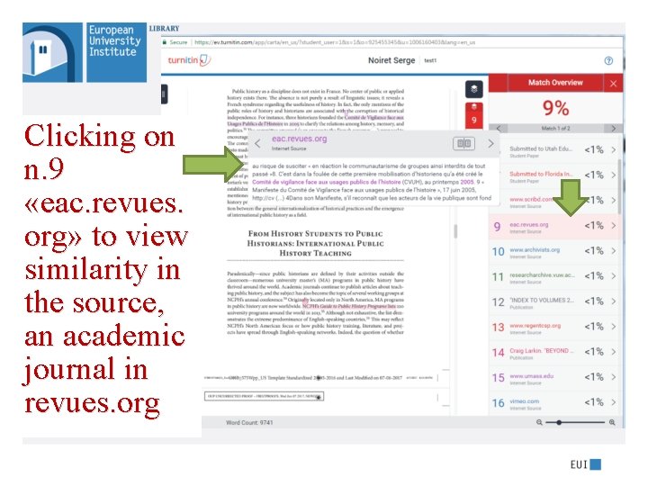 Clicking on n. 9 «eac. revues. org» to view similarity in the source, an