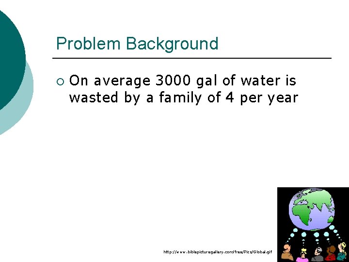 Problem Background ¡ On average 3000 gal of water is wasted by a family