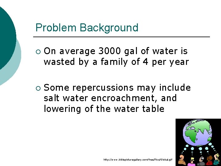 Problem Background ¡ ¡ On average 3000 gal of water is wasted by a
