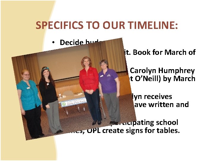 SPECIFICS TO OUR TIMELINE: • Decide budget • Arrange author visit. Book for March
