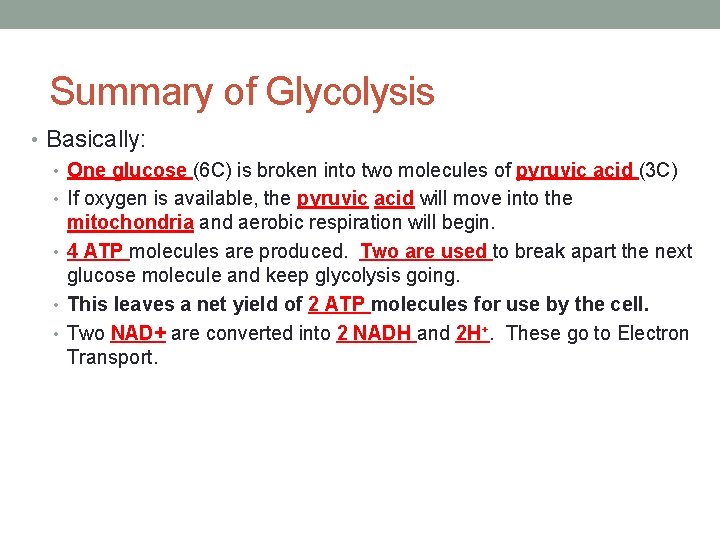 Summary of Glycolysis • Basically: • One glucose (6 C) is broken into two