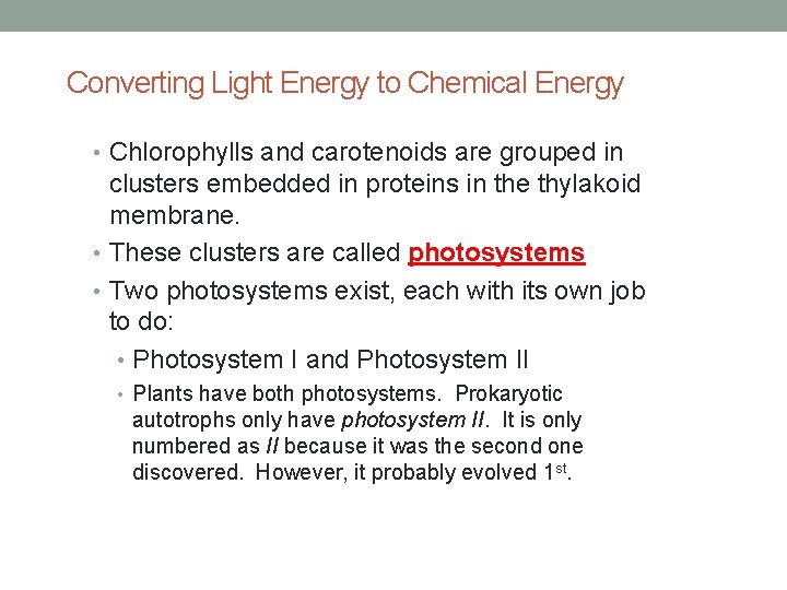 Converting Light Energy to Chemical Energy • Chlorophylls and carotenoids are grouped in clusters