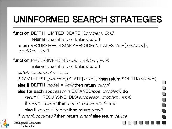 UNINFORMED SEARCH STRATEGIES function DEPTH-LIMITED-SEARCH(problem, limit) returns a solution, or failure/cutoff return RECURSIVE-DLS(MAKE-NODE(INITIAL-STATE[problem]), problem,