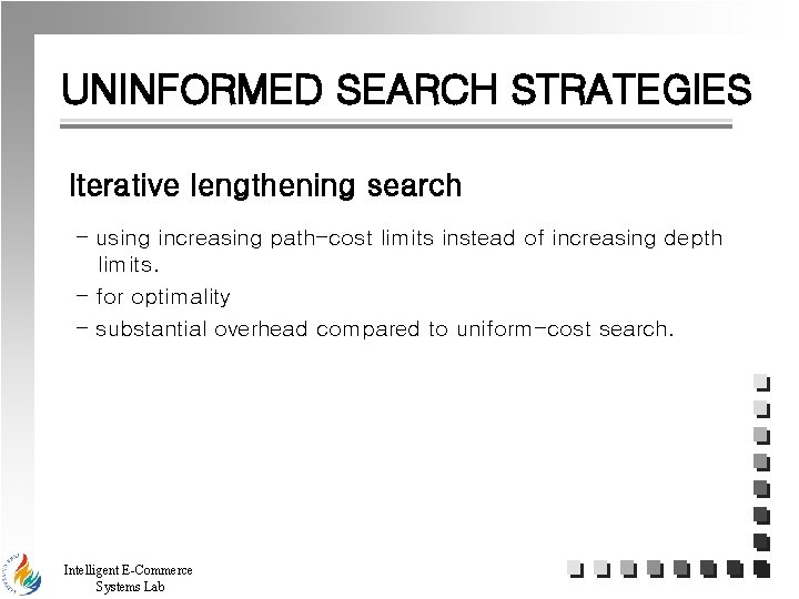 UNINFORMED SEARCH STRATEGIES Iterative lengthening search - using increasing path-cost limits instead of increasing