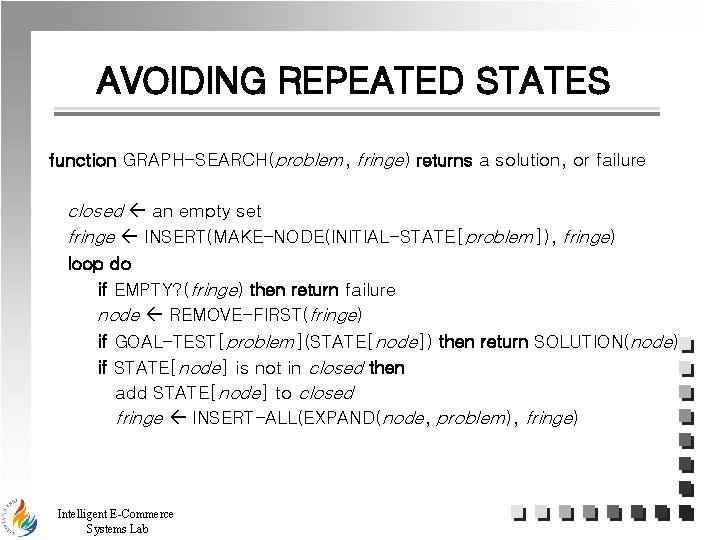 AVOIDING REPEATED STATES function GRAPH-SEARCH(problem, fringe) returns a solution, or failure closed an empty