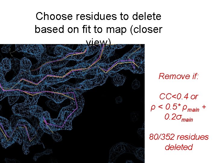 Choose residues to delete based on fit to map (closer view) Remove if: CC<0.