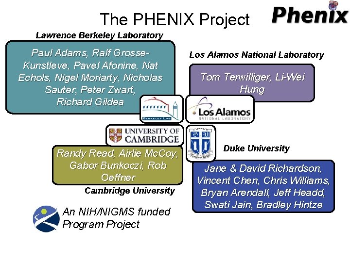 The PHENIX Project Lawrence Berkeley Laboratory Paul Adams, Ralf Grosse. Kunstleve, Pavel Afonine, Nat