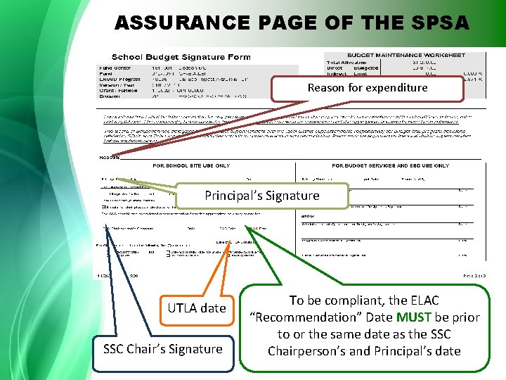 ASSURANCE PAGE OF THE SPSA Reason for expenditure Principal’s Signature UTLA date SSC Chair’s