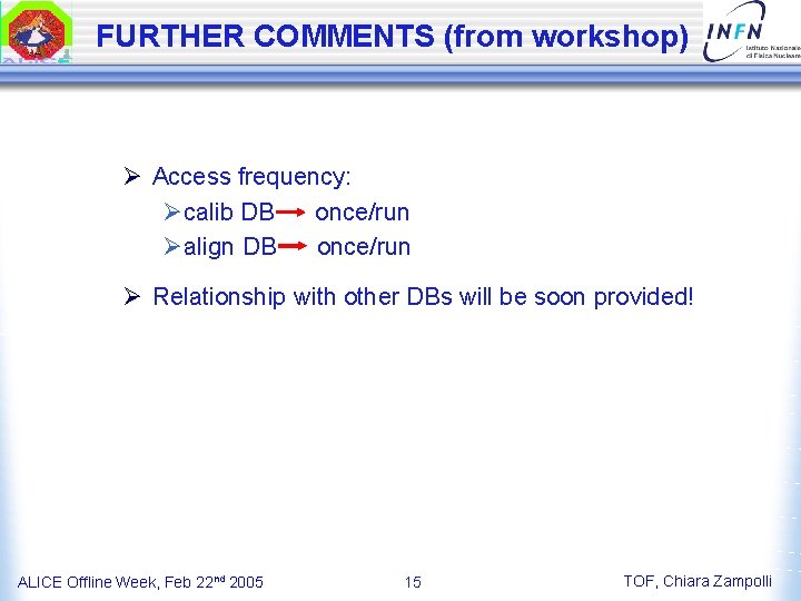 FURTHER COMMENTS (from workshop) Ø Access frequency: Øcalib DB once/run Øalign DB once/run Ø