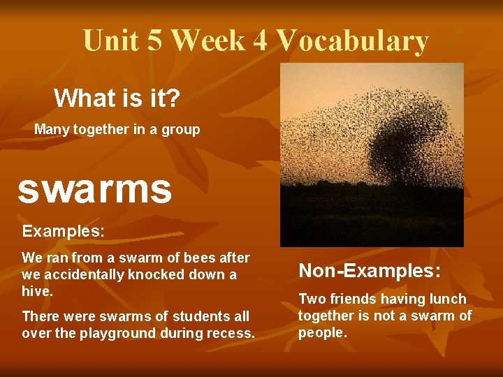 Unit 5 Week 4 Vocabulary What is it? Many together in a group swarms