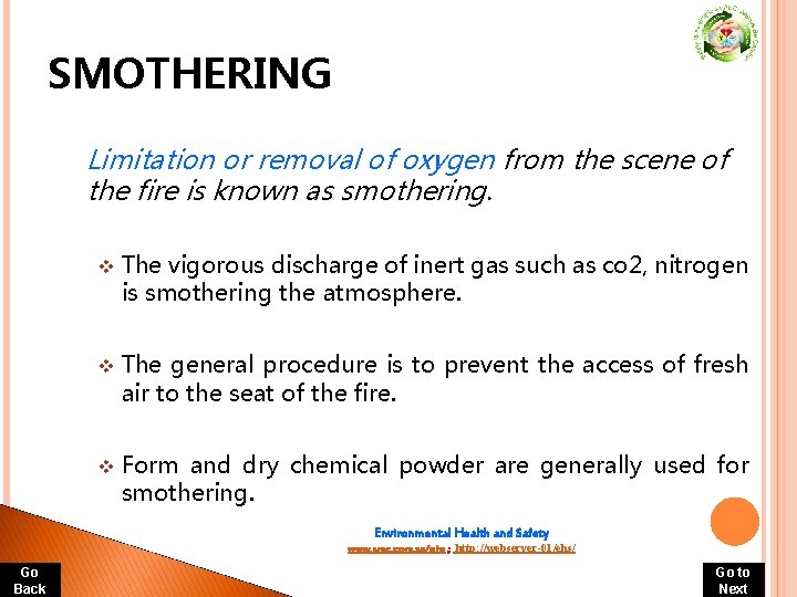 SMOTHERING Limitation or removal of oxygen from the scene of the fire is known SMOTHERING Limitation or removal of oxygen from the scene of the fire is known