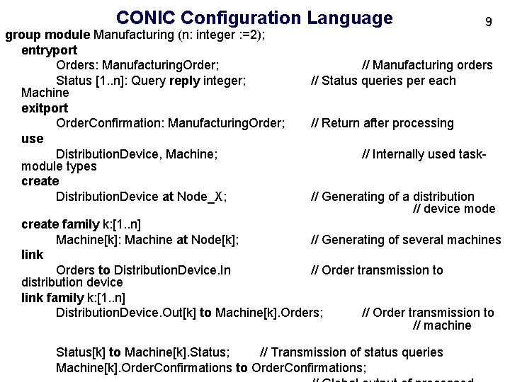 CONIC Configuration Language group module Manufacturing (n: integer : =2); entryport Orders: Manufacturing. Order;