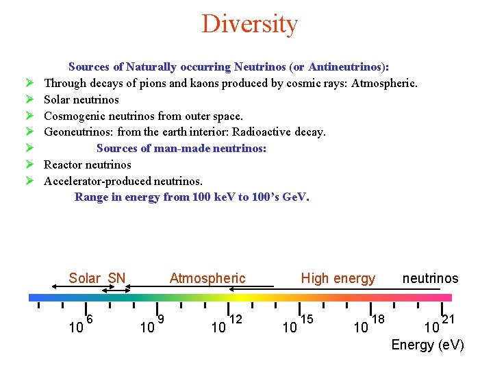 Diversity Ø Ø Ø Ø Sources of Naturally occurring Neutrinos (or Antineutrinos): Through decays