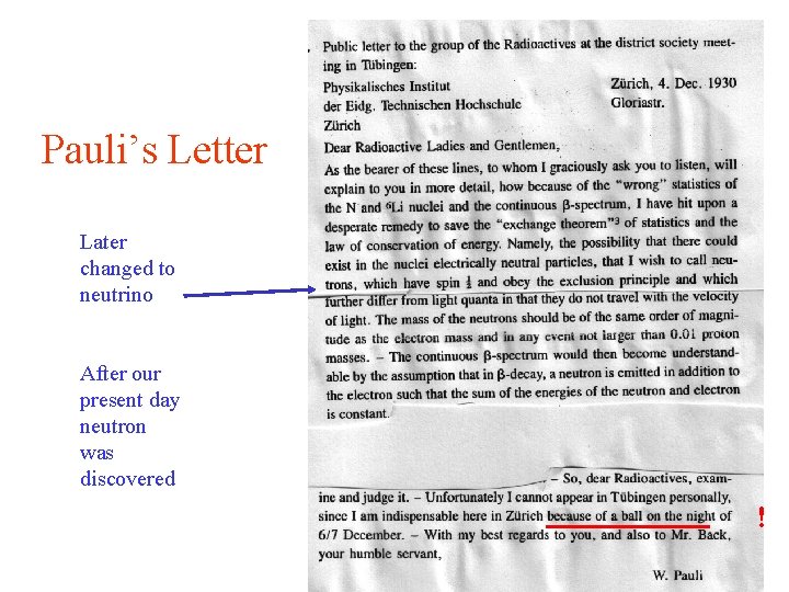 Pauli’s Letter Later changed to neutrino After our present day neutron was discovered !