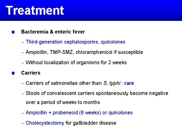 Treatment Bacteremia & enteric fever – Third-generation cephalosporins, quinolones – Ampicillin, TMP-SMZ, chloramphenicol if