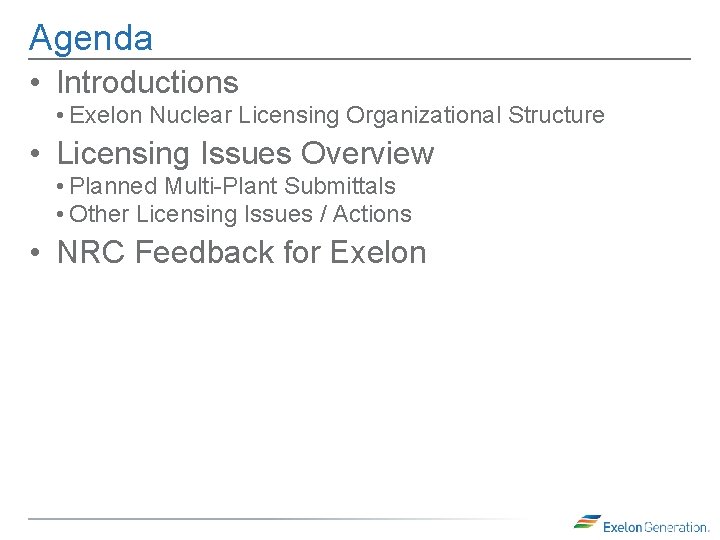 Agenda • Introductions • Exelon Nuclear Licensing Organizational Structure • Licensing Issues Overview •