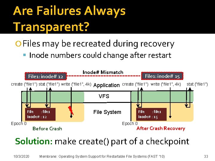 Are Failures Always Transparent? Files may be recreated during recovery Inode numbers could change