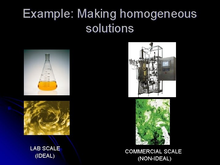 Example: Making homogeneous solutions LAB SCALE (IDEAL) COMMERCIAL SCALE (NON-IDEAL) 