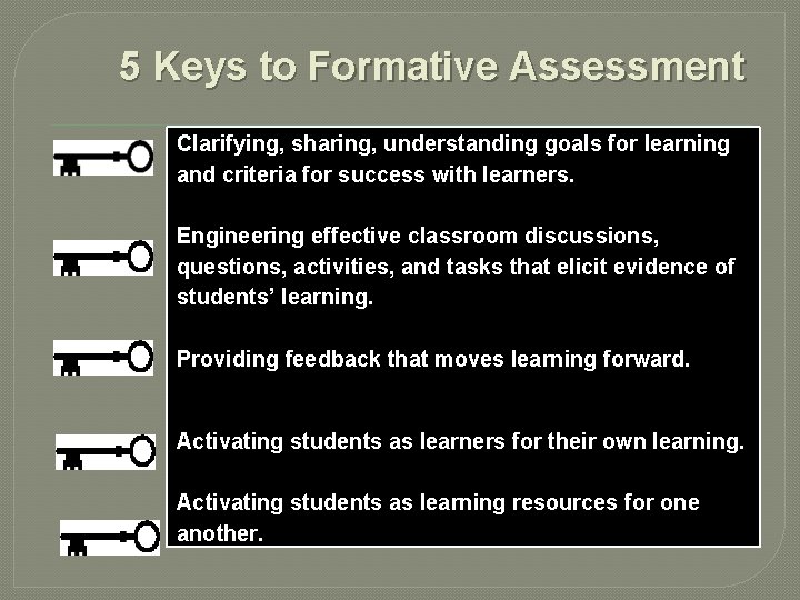 5 Keys to Formative Assessment Clarifying, sharing, understanding goals for learning and criteria for