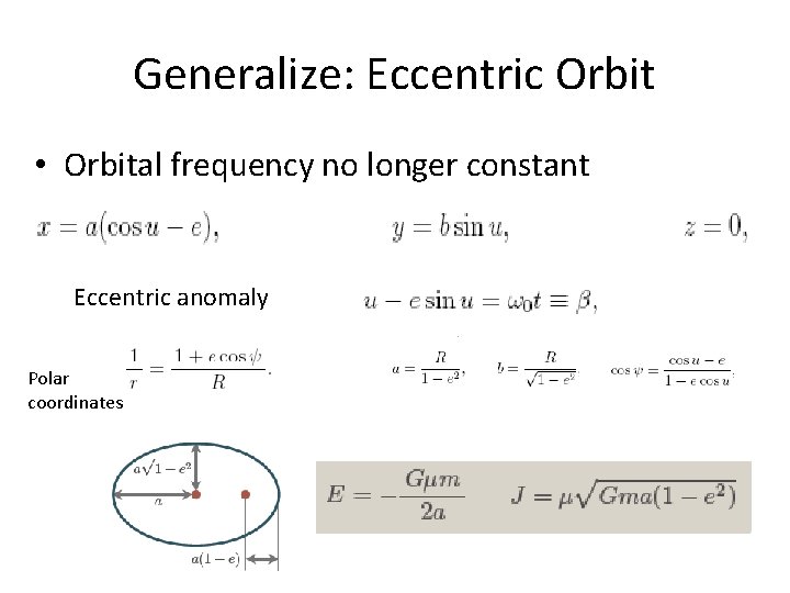 Generalize: Eccentric Orbit • Orbital frequency no longer constant Eccentric anomaly Polar coordinates 