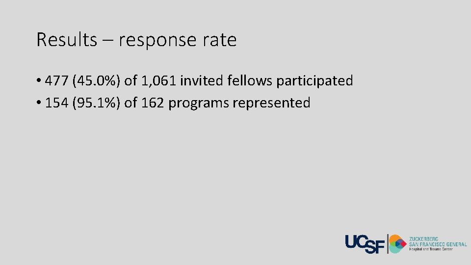 Results – response rate • 477 (45. 0%) of 1, 061 invited fellows participated