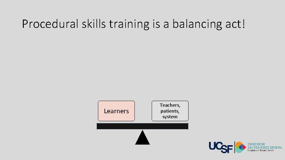 Procedural skills training is a balancing act! Learners Teachers, patients, system 