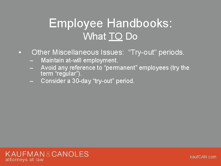 Employee Handbooks: What TO Do • Other Miscellaneous Issues: “Try-out” periods. – – –