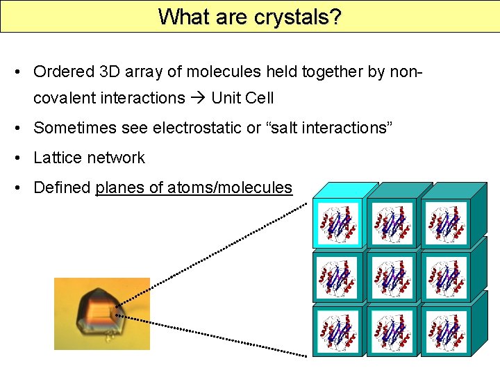 What are crystals? • Ordered 3 D array of molecules held together by noncovalent