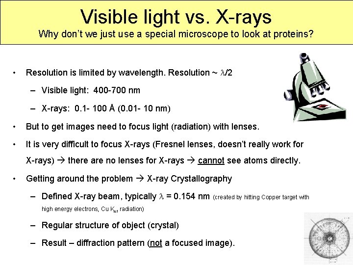 Visible light vs. X-rays Why don’t we just use a special microscope to look