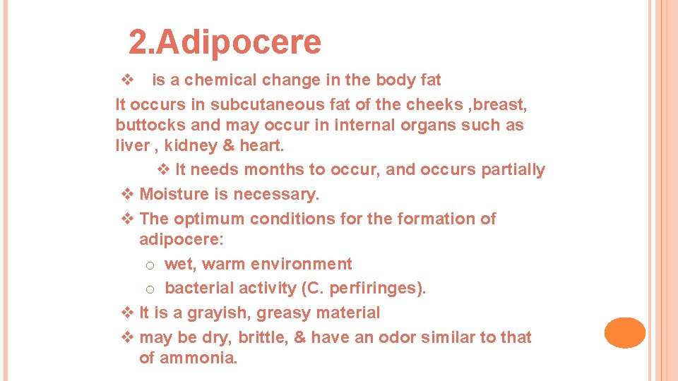 2. Adipocere v is a chemical change in the body fat It occurs in