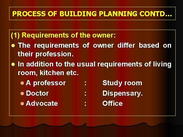 PROCESS OF BUILDING PLANNING CONTD… (1) Requirements of the owner: l The requirements of