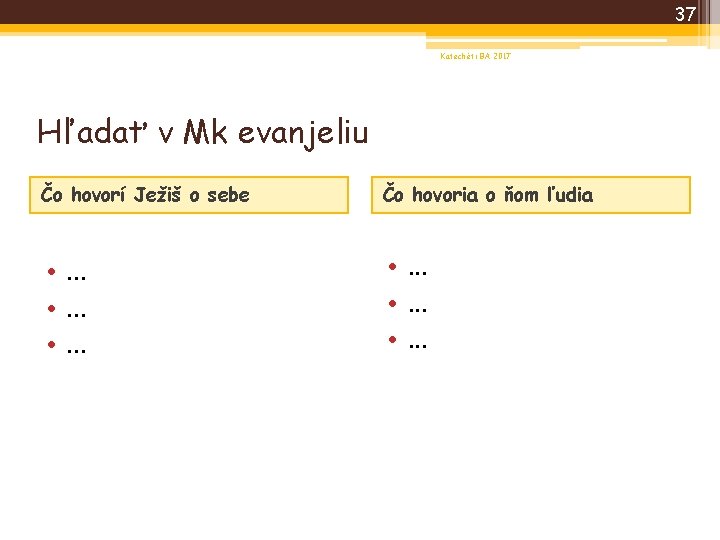 37 Katechéti BA 2017 Hľadať v Mk evanjeliu Čo hovorí Ježiš o sebe Čo