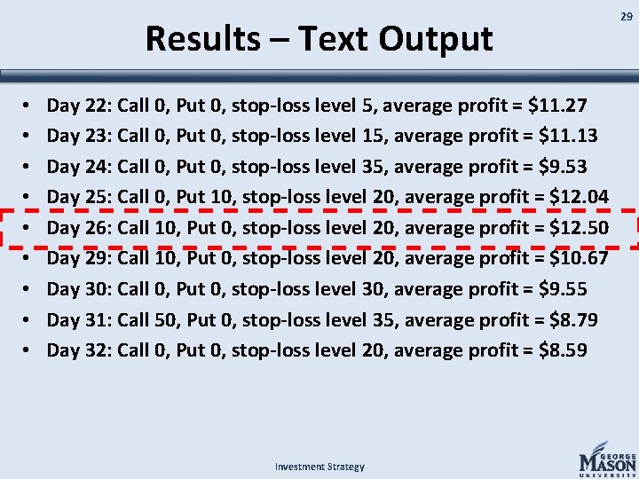 Results – Text Output • • • Day 22: Call 0, Put 0, stop-loss
