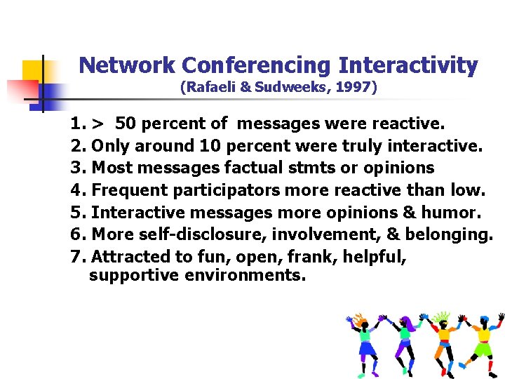 Network Conferencing Interactivity (Rafaeli & Sudweeks, 1997) 1. > 50 percent of messages were