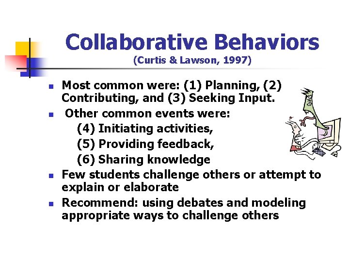 Collaborative Behaviors (Curtis & Lawson, 1997) n n Most common were: (1) Planning, (2)
