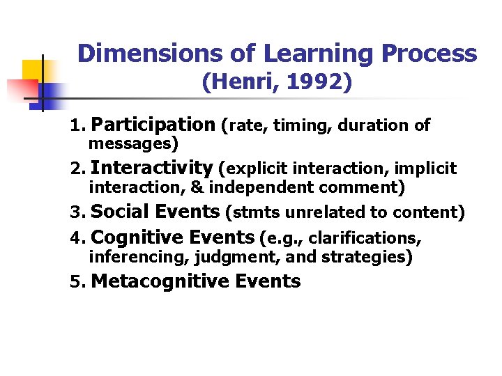 Dimensions of Learning Process (Henri, 1992) 1. Participation (rate, timing, duration of messages) 2.