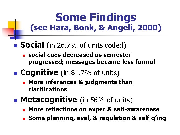 Some Findings (see Hara, Bonk, & Angeli, 2000) n Social (in 26. 7% of