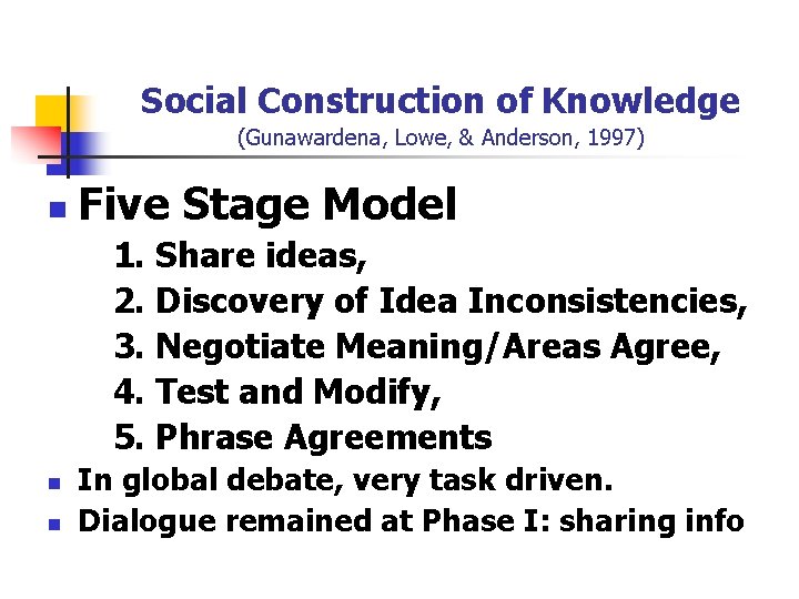 Social Construction of Knowledge (Gunawardena, Lowe, & Anderson, 1997) n Five Stage Model 1.