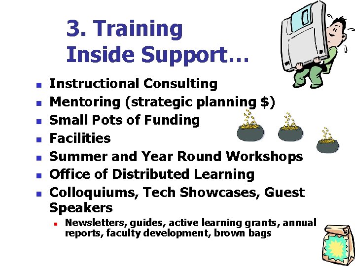 3. Training Inside Support… n n n n Instructional Consulting Mentoring (strategic planning $)